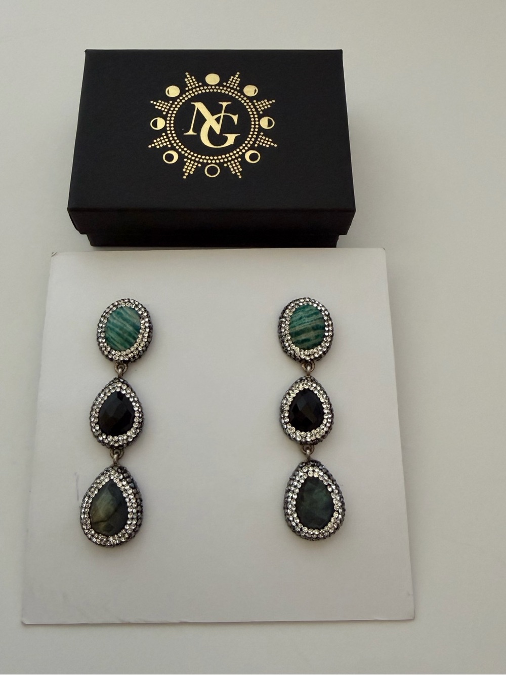 Native Gem Eden Rock Green and Black Triple Drop Crystal Earrings